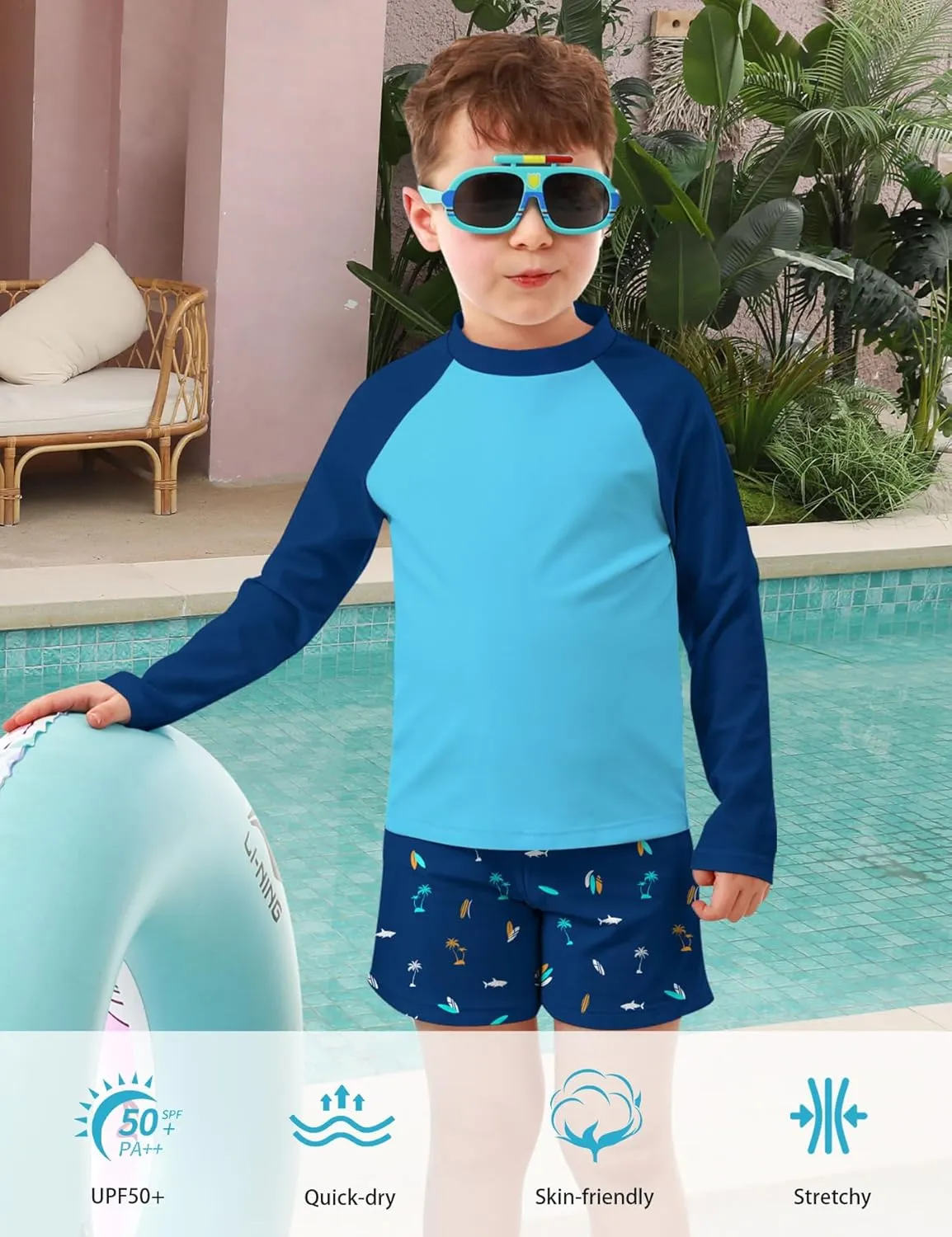 Boys Long Sleeve Rash Guard Swimsuit Kids 2-Pieces Bathing Suits Set