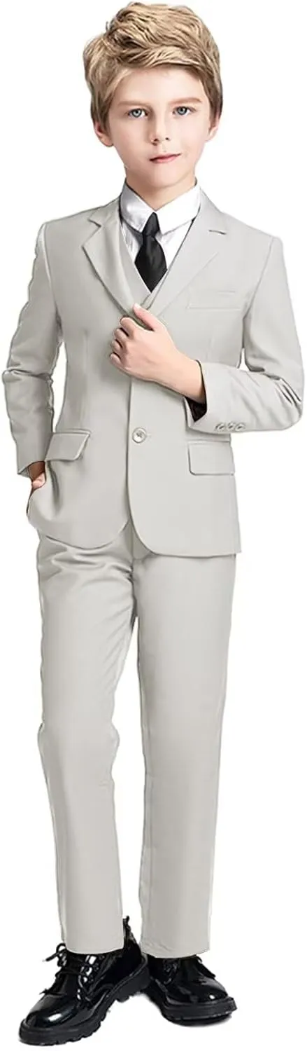 Boys Suit 5 Piece Kids Party Tuxedo Blazer Vest and Pants Set with Tie for Boy Formal