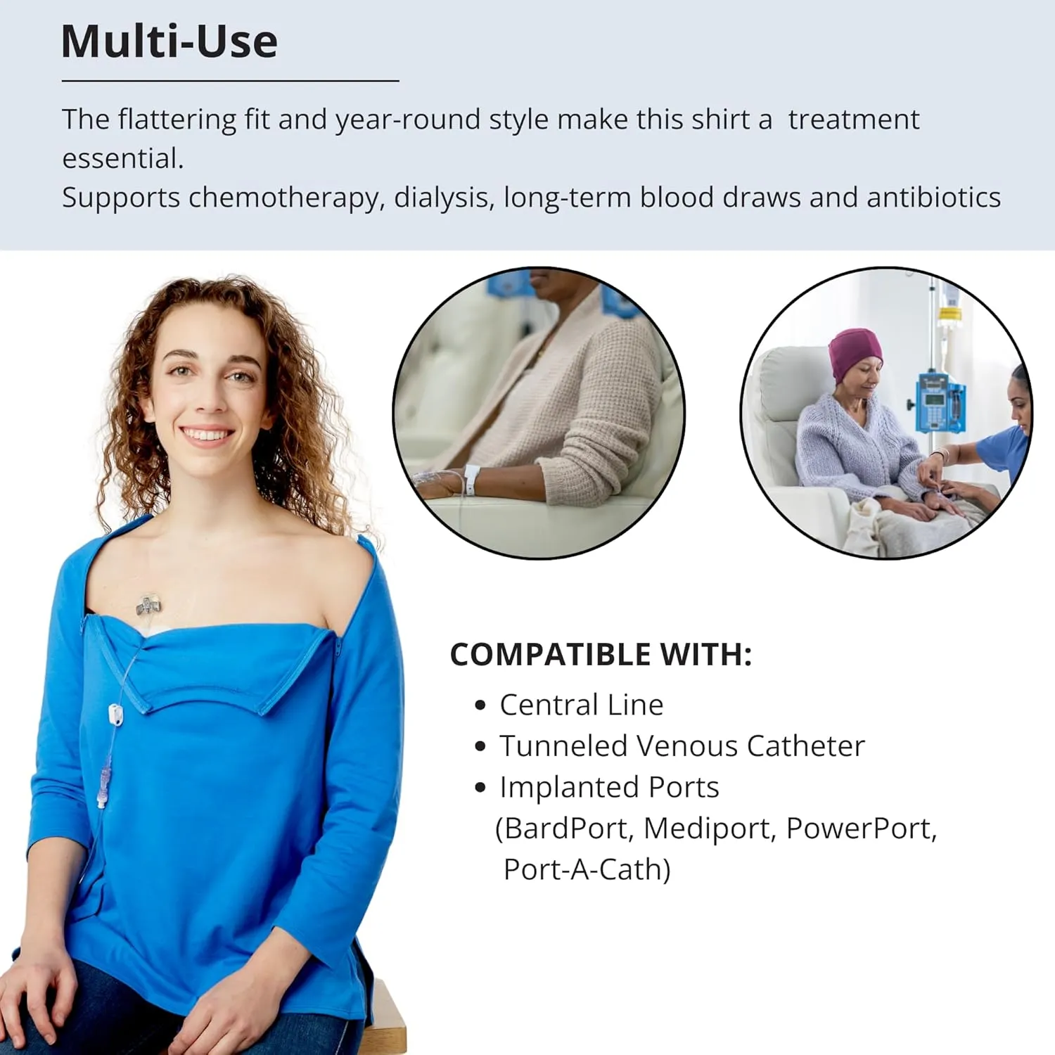 Care Wear Womens Long-Sleeve Chest Port Access Shirt  Womens Long-Sleeve Shirt with Port Access for Central Line