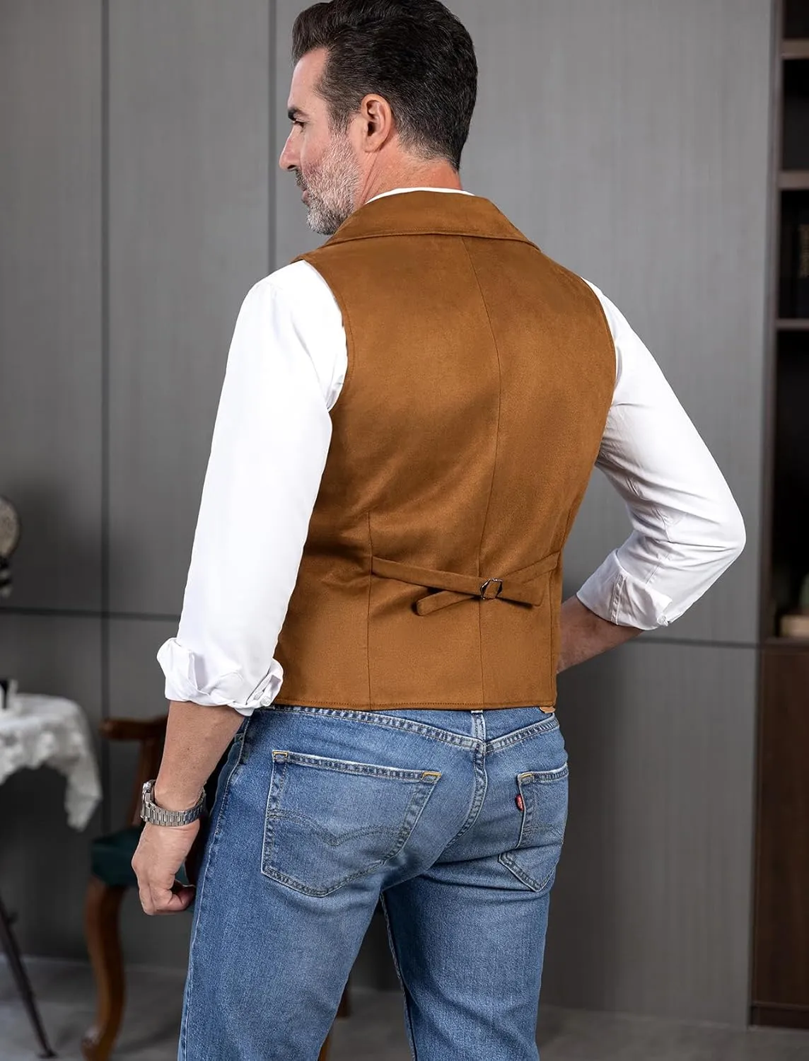 Ceehuteey Mens Suit Suede Double Breasted Vest Classic Groomsmen Wedding Waistcoat Leather Big Lapel