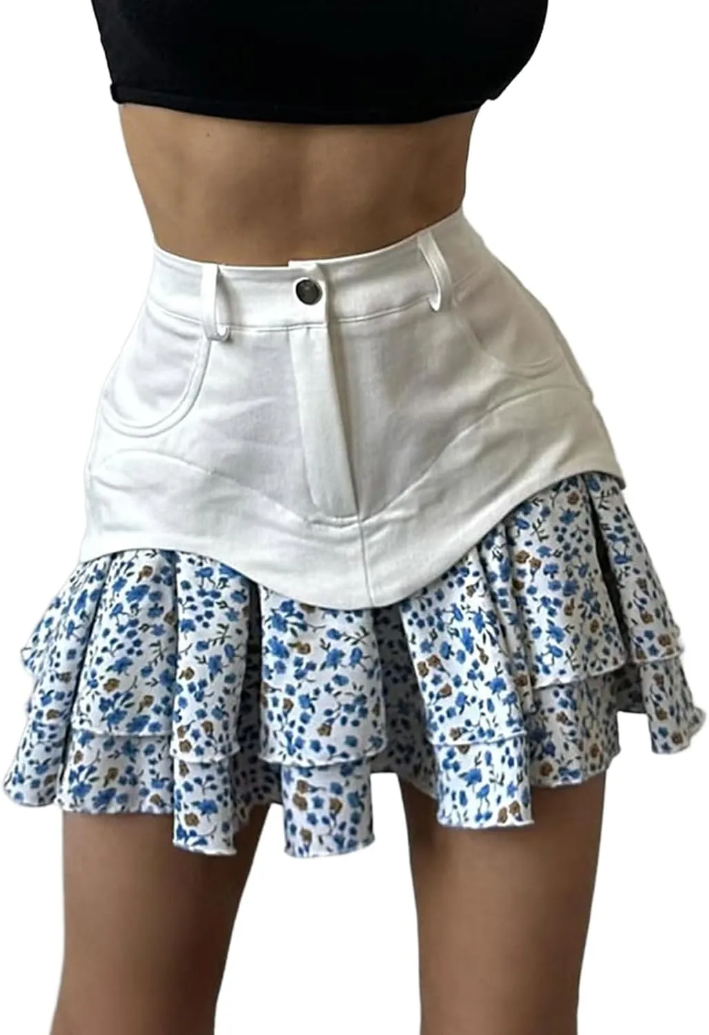 CHARTOU Women High Waisted Ruffle Floral Short Skirt Y2k Patchwork A Line Chiffon Pleated Mini Skirt