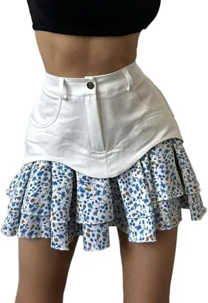 CHARTOU Women High Waisted Ruffle Floral Short Skirt Y2k Patchwork A Line Chiffon Pleated Mini Skirt
