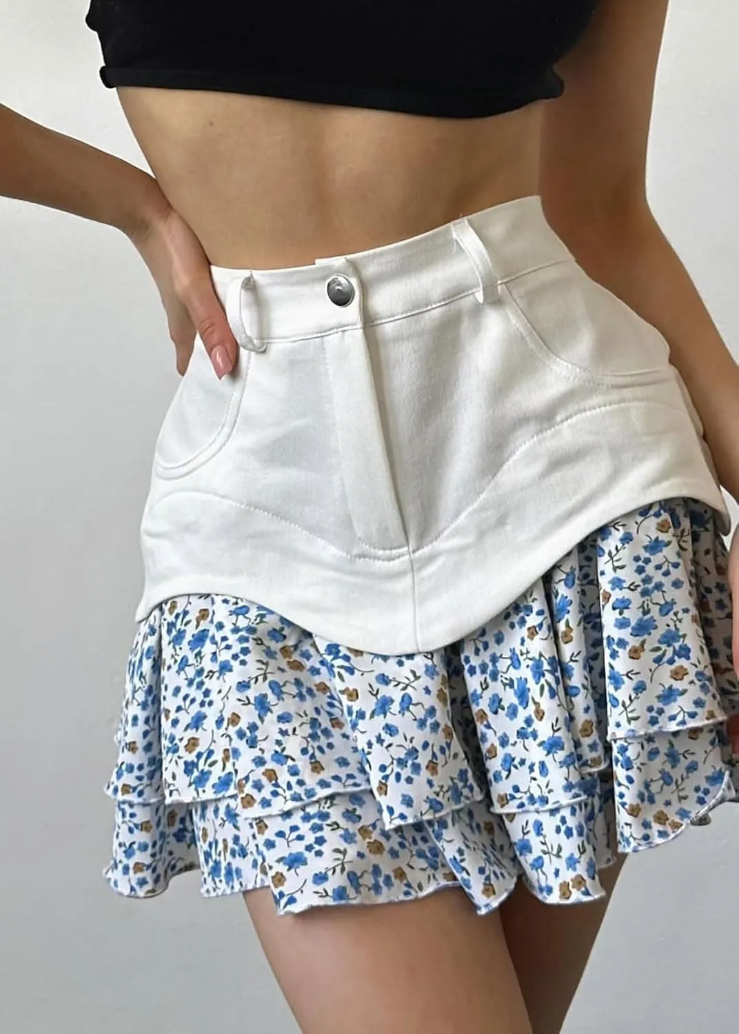 CHARTOU Women High Waisted Ruffle Floral Short Skirt Y2k Patchwork A Line Chiffon Pleated Mini Skirt