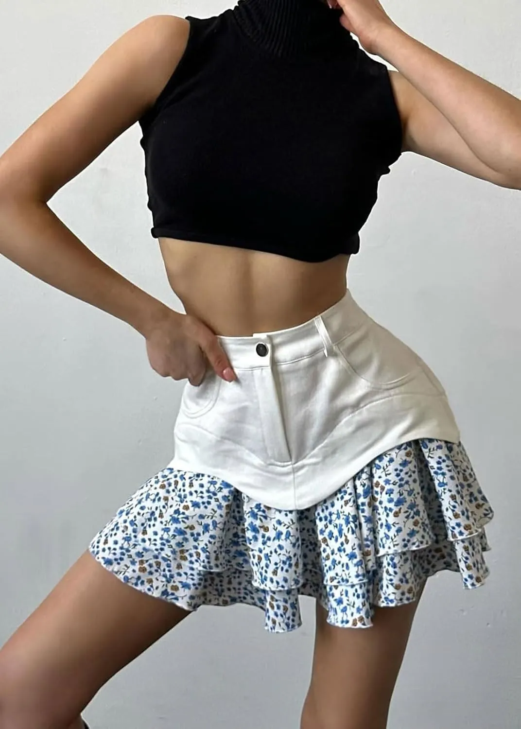 CHARTOU Women High Waisted Ruffle Floral Short Skirt Y2k Patchwork A Line Chiffon Pleated Mini Skirt