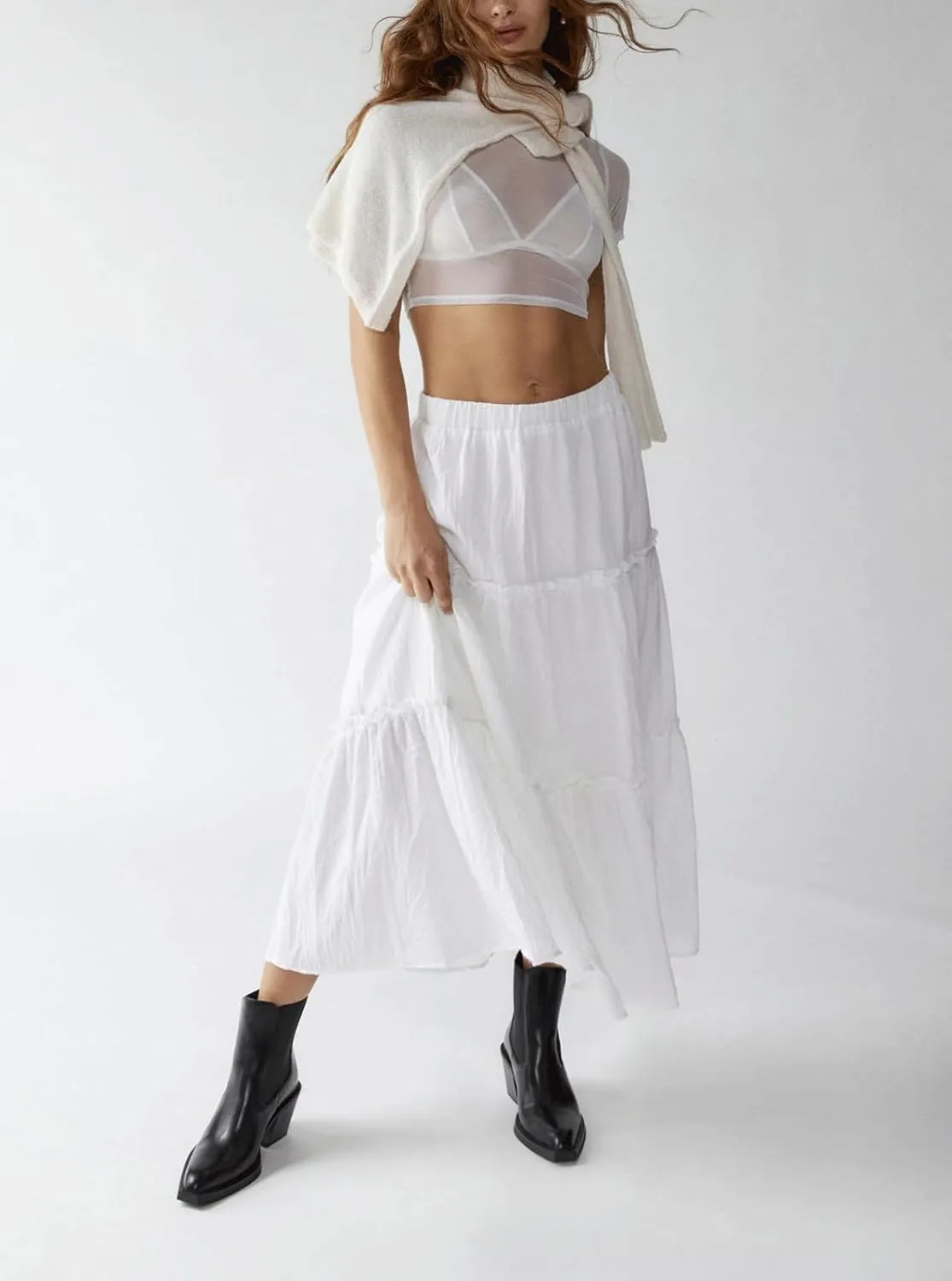 CHARTOU Women's Summer Boho Elastic High Waist Tiered Long Skirt Pleated Flowy Swing A Line Beach Maxi Skirt