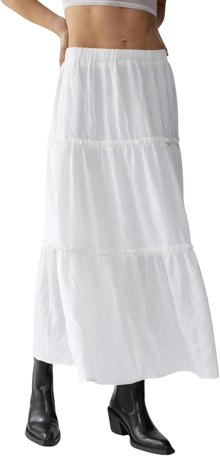 CHARTOU Women's Summer Boho Elastic High Waist Tiered Long Skirt Pleated Flowy Swing A Line Beach Maxi Skirt