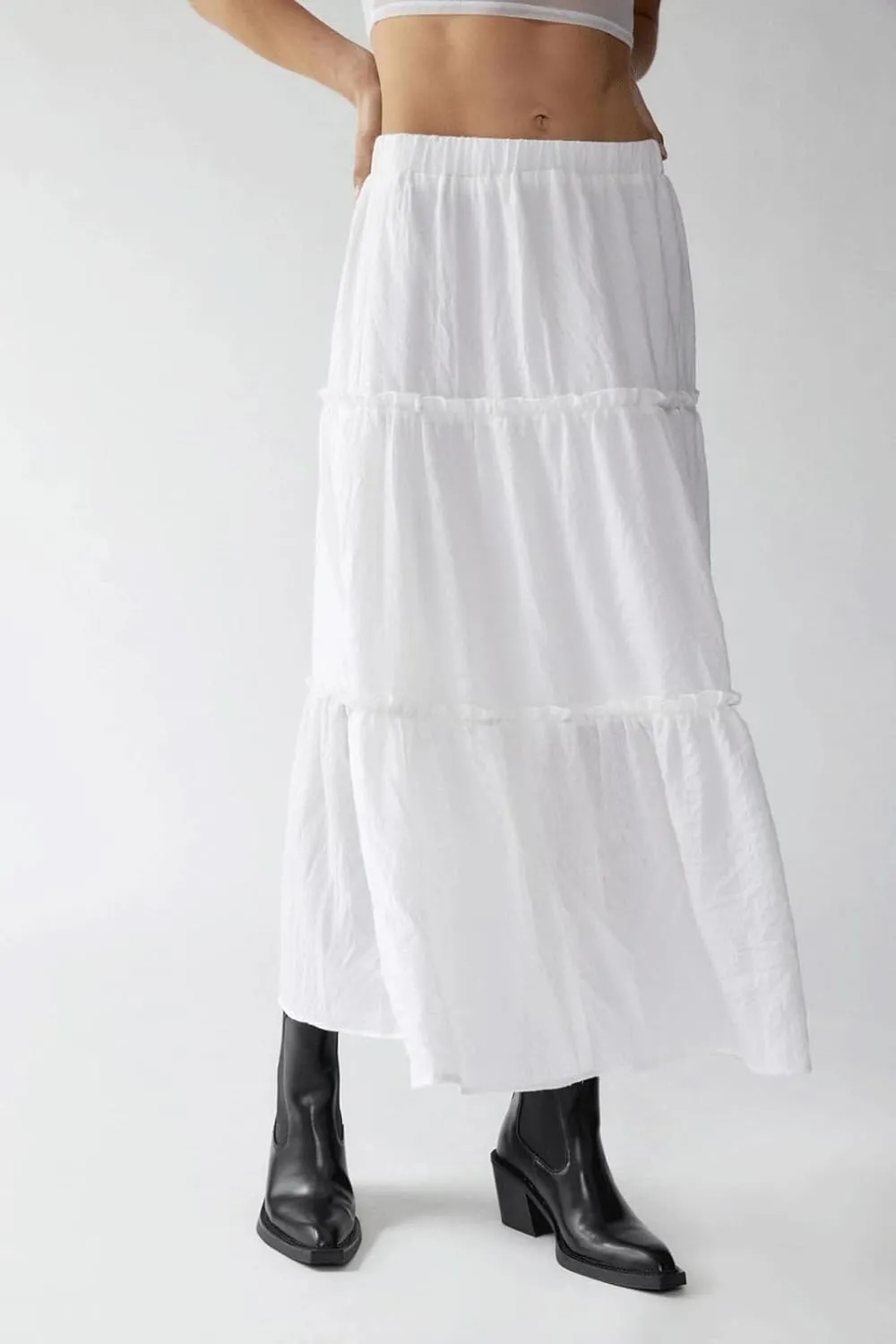 CHARTOU Women's Summer Boho Elastic High Waist Tiered Long Skirt Pleated Flowy Swing A Line Beach Maxi Skirt