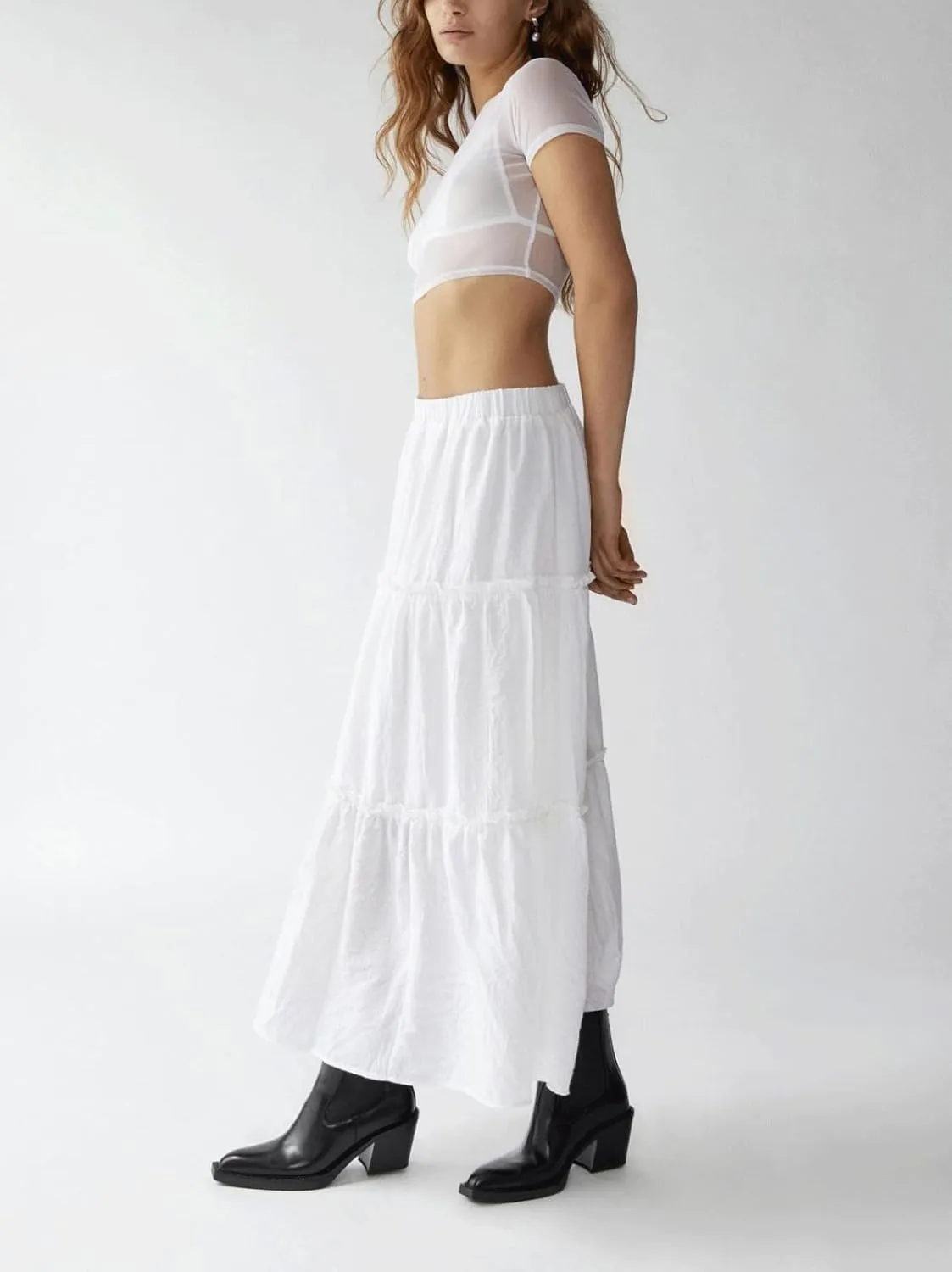 CHARTOU Women's Summer Boho Elastic High Waist Tiered Long Skirt Pleated Flowy Swing A Line Beach Maxi Skirt