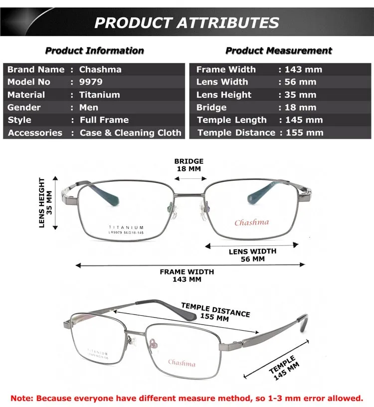 Chashma Ottica Men's Full Rim Large Square Titanium Eyeglasses 9979