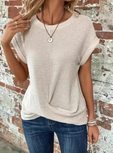 Chic and Comfy: Summer Solid Color Waffle Crew Neck Tee for Women