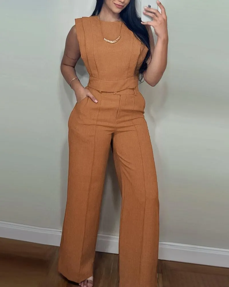CHICME Women's Summer 2 Piece Outfits Cap Sleeve Round Neck Tank Crop Top Wide Leg Pants Set with Pockets