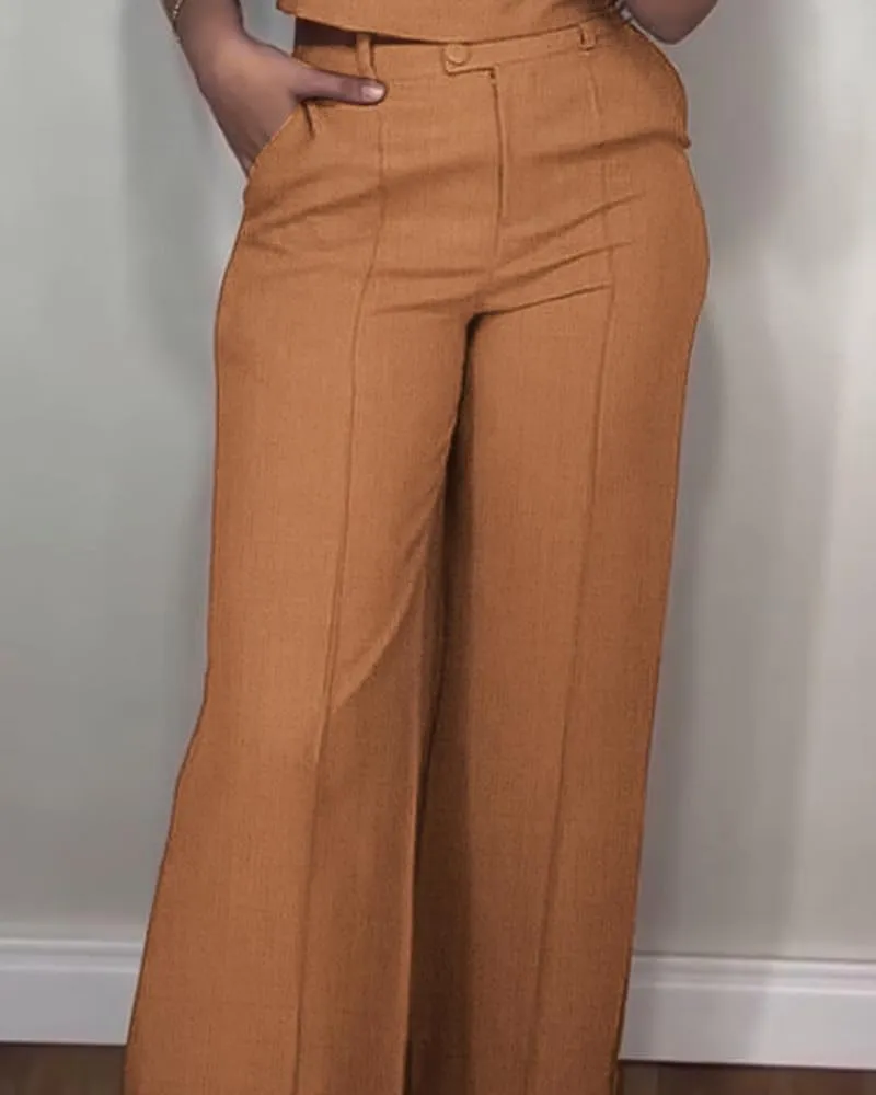 CHICME Women's Summer 2 Piece Outfits Cap Sleeve Round Neck Tank Crop Top Wide Leg Pants Set with Pockets