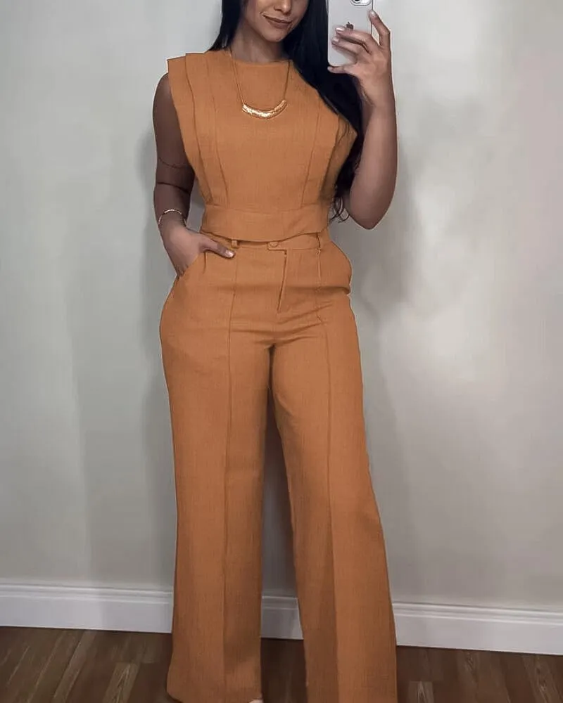 CHICME Women's Summer 2 Piece Outfits Cap Sleeve Round Neck Tank Crop Top Wide Leg Pants Set with Pockets