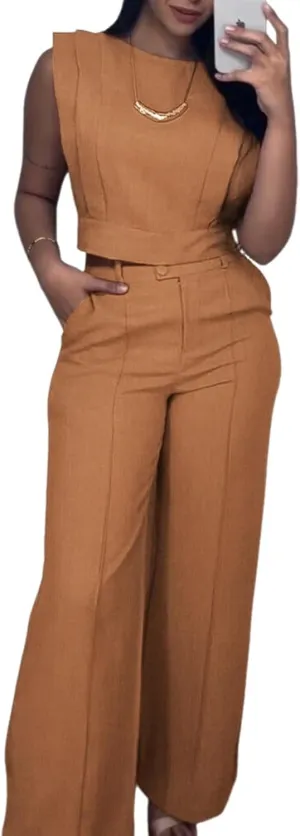 CHICME Women's Summer 2 Piece Outfits Cap Sleeve Round Neck Tank Crop Top Wide Leg Pants Set with Pockets