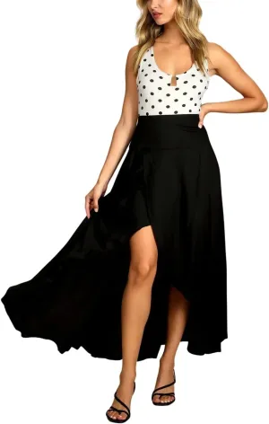 chouyatou Womens Asymmetrical High Low Ruffle Hem Split Maxi Skirts High Wait Flounce Skirt