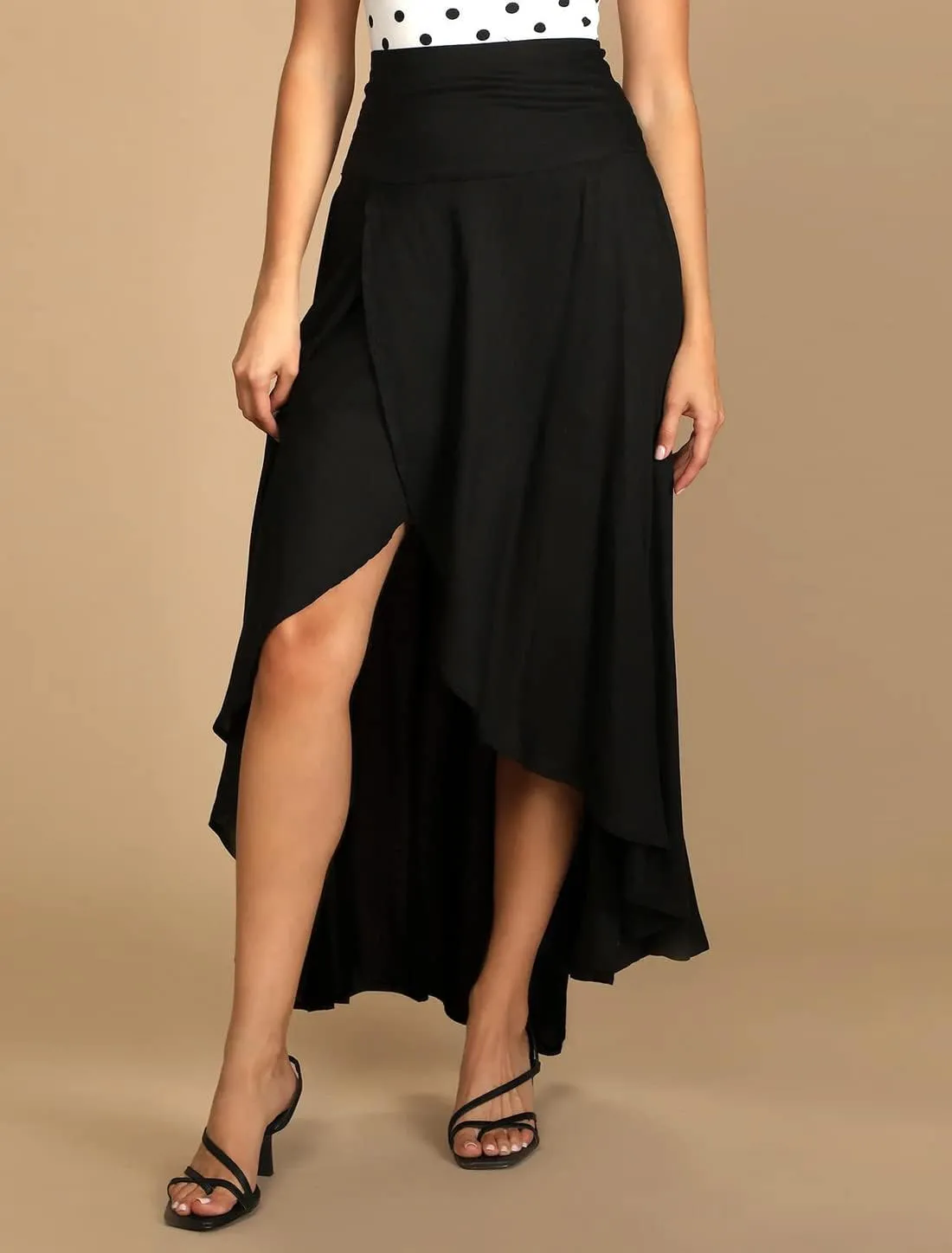 chouyatou Womens Asymmetrical High Low Ruffle Hem Split Maxi Skirts High Wait Flounce Skirt