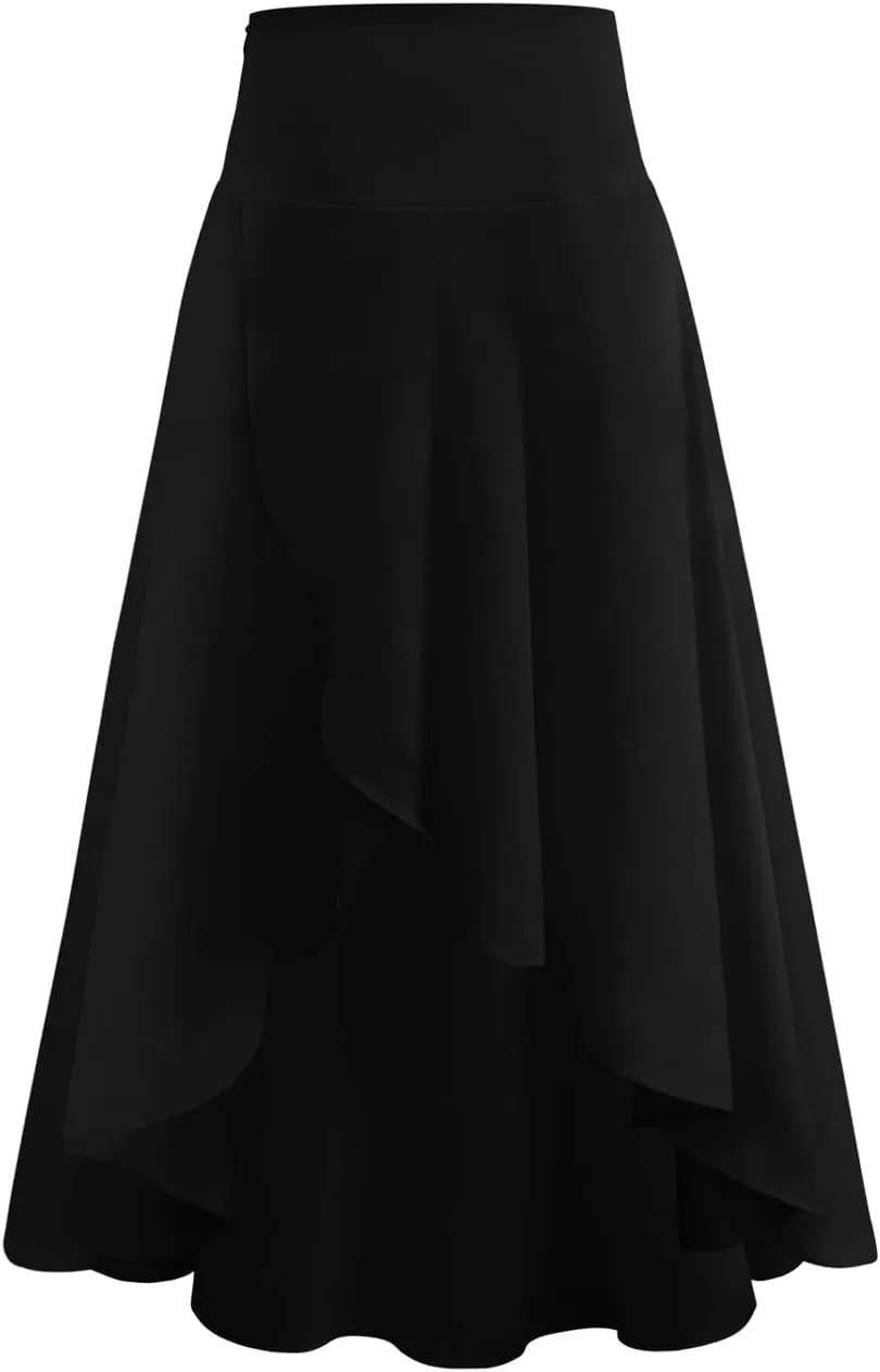 chouyatou Womens Asymmetrical High Low Ruffle Hem Split Maxi Skirts High Wait Flounce Skirt