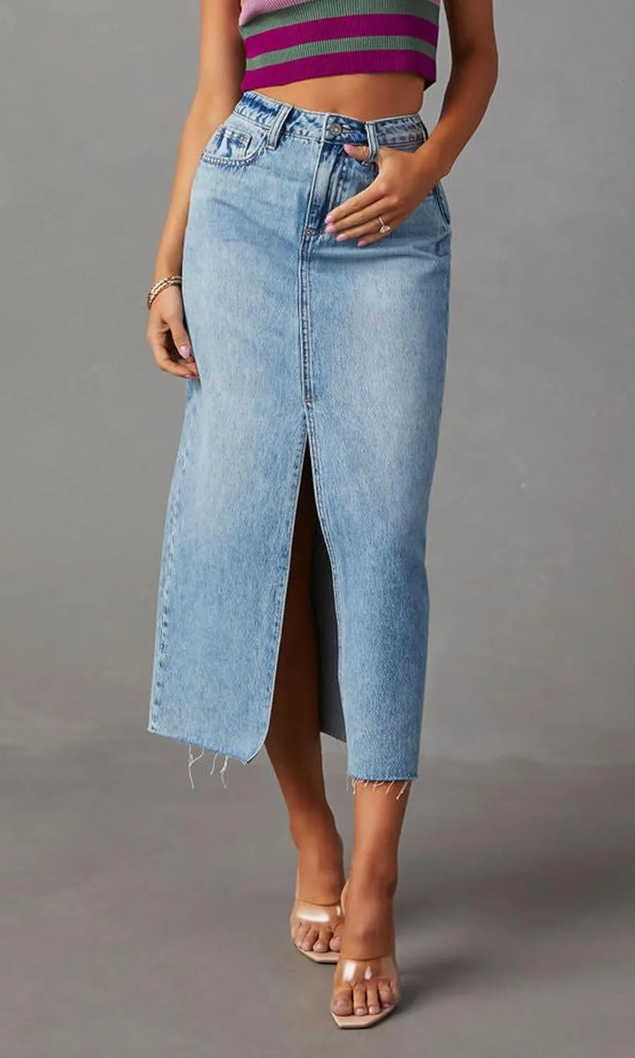 chouyatou Women's High Waisted Front Split Denim Skirt Business Casual A-Line Jean Pencil Skirt