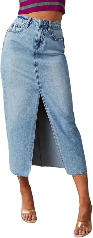 chouyatou Women's High Waisted Front Split Denim Skirt Business Casual A-Line Jean Pencil Skirt