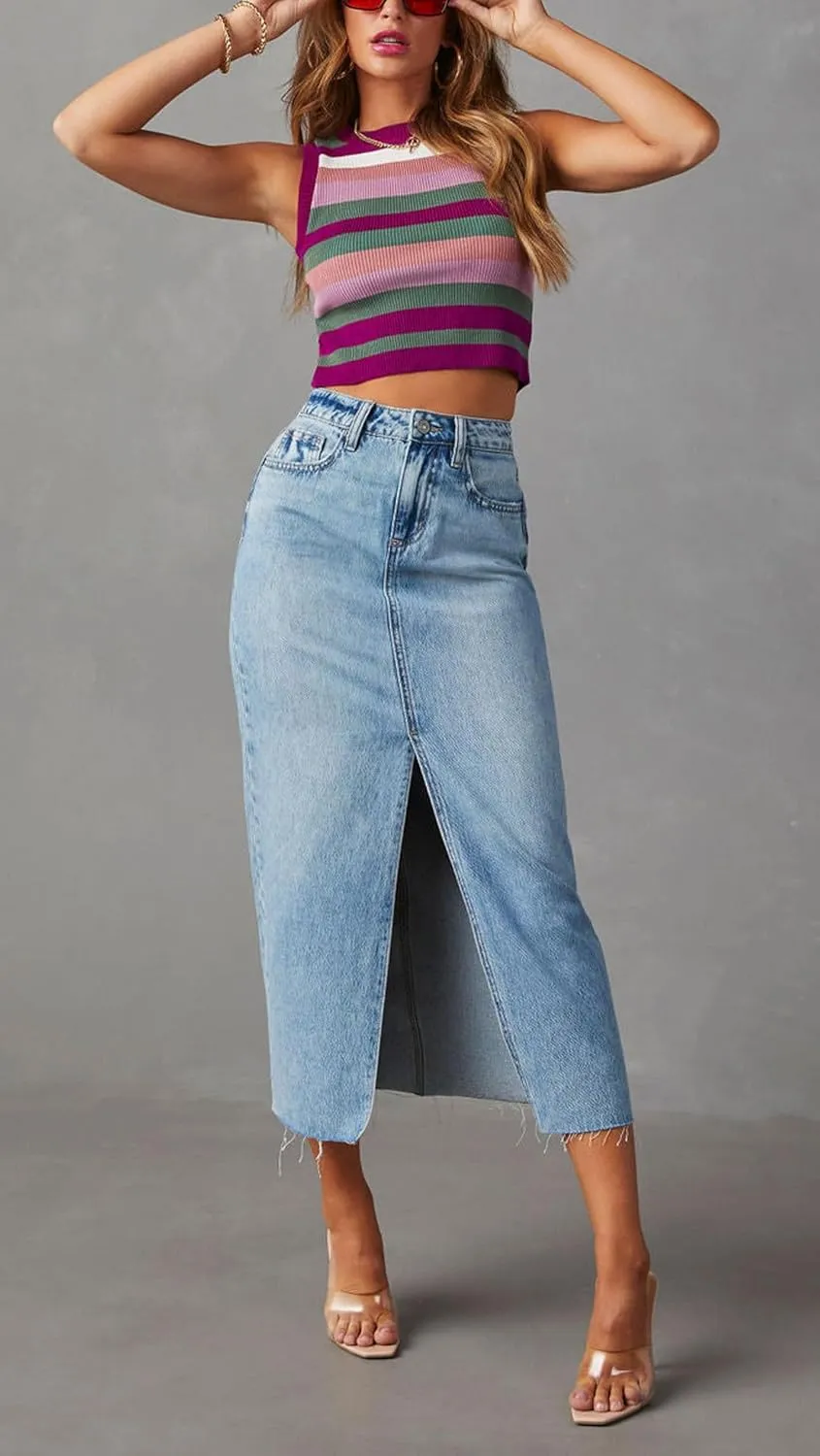 chouyatou Women's High Waisted Front Split Denim Skirt Business Casual A-Line Jean Pencil Skirt