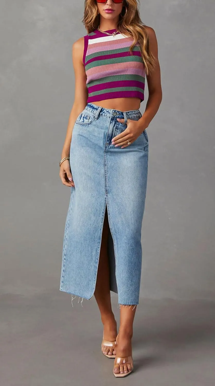 chouyatou Women's High Waisted Front Split Denim Skirt Business Casual A-Line Jean Pencil Skirt
