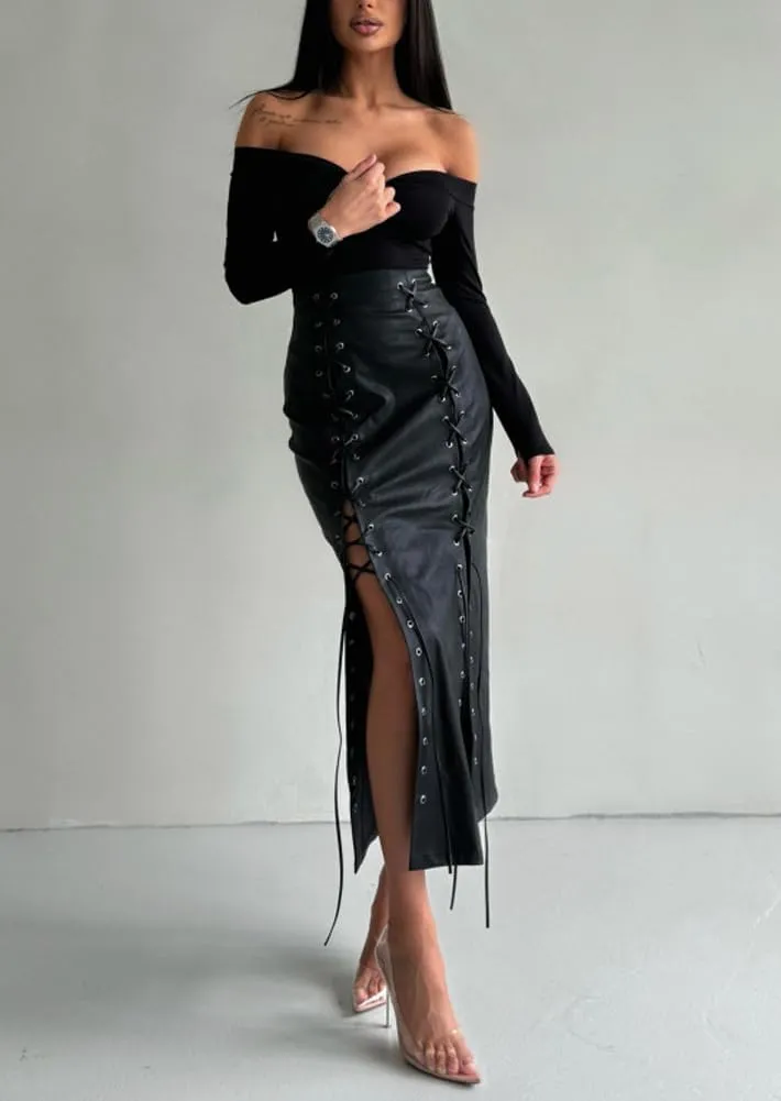 chouyatou Women's Sexy Lace Up Front A-Line Skirt High Waist Pu Faux Leather Maxi Bodycon Dress