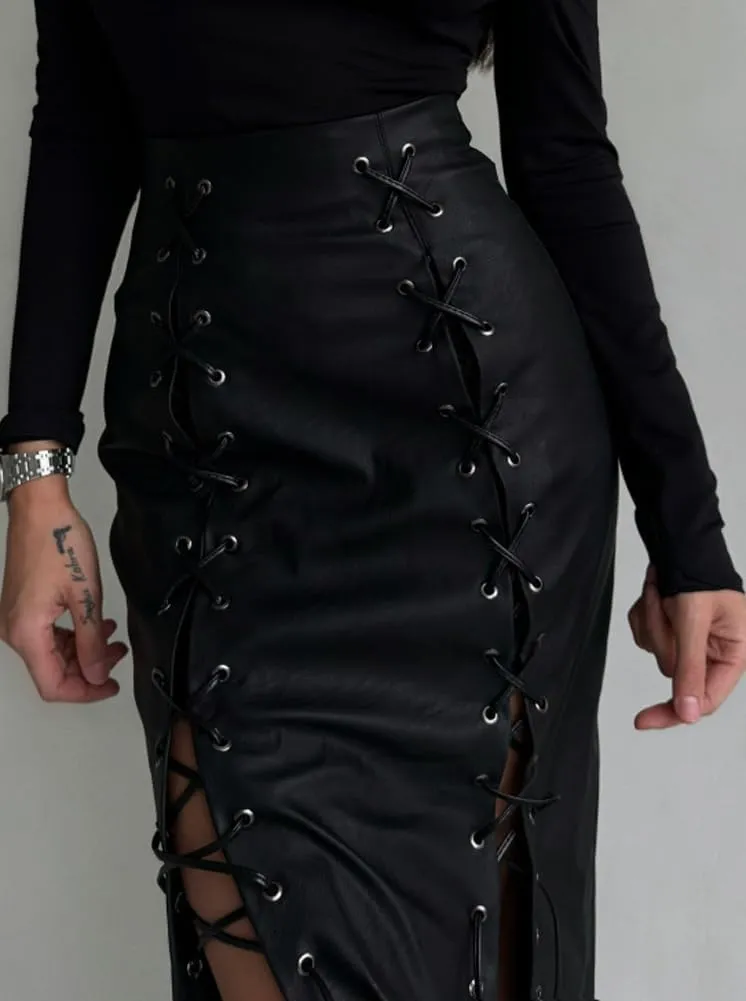 chouyatou Women's Sexy Lace Up Front A-Line Skirt High Waist Pu Faux Leather Maxi Bodycon Dress