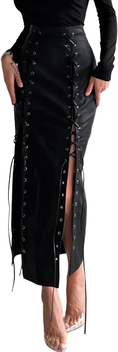chouyatou Women's Sexy Lace Up Front A-Line Skirt High Waist Pu Faux Leather Maxi Bodycon Dress