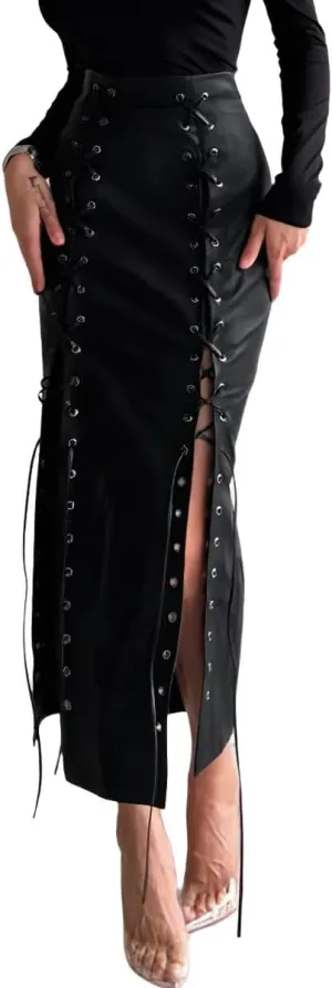 chouyatou Women's Sexy Lace Up Front A-Line Skirt High Waist Pu Faux Leather Maxi Bodycon Dress