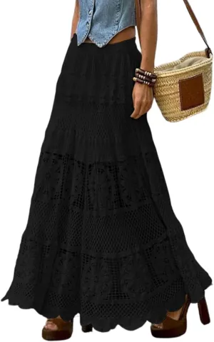 chouyatou Women's Western Floral Lace Crochet Knit Maxi Boho Skirt A-Line Eyelet Hippie Flowy Long Skirt