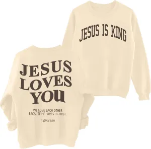 Christian Sweatshirts for Women - Jesus is King & Jesus Loves You Letter Sweatshirt & Sweater