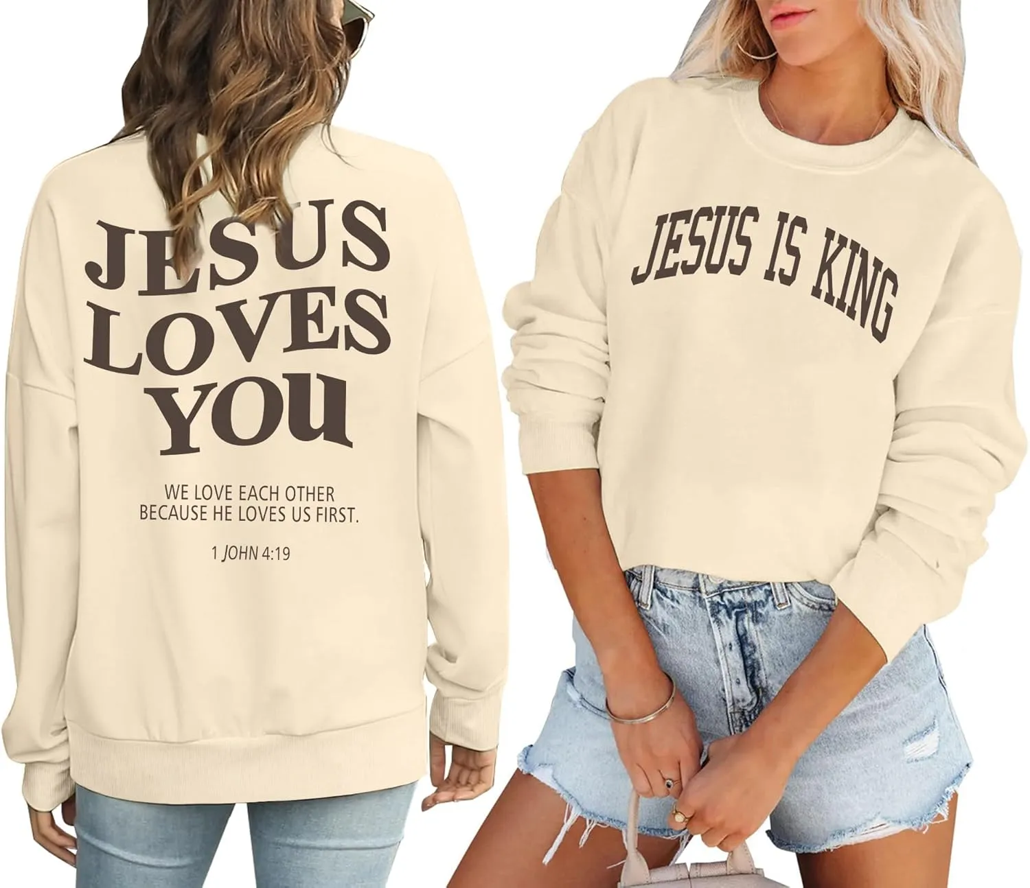 Christian Sweatshirts for Women - Jesus is King & Jesus Loves You Letter Sweatshirt & Sweater
