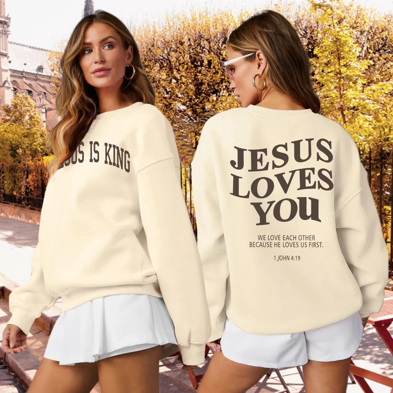 Christian Sweatshirts for Women - Jesus is King & Jesus Loves You Letter Sweatshirt & Sweater