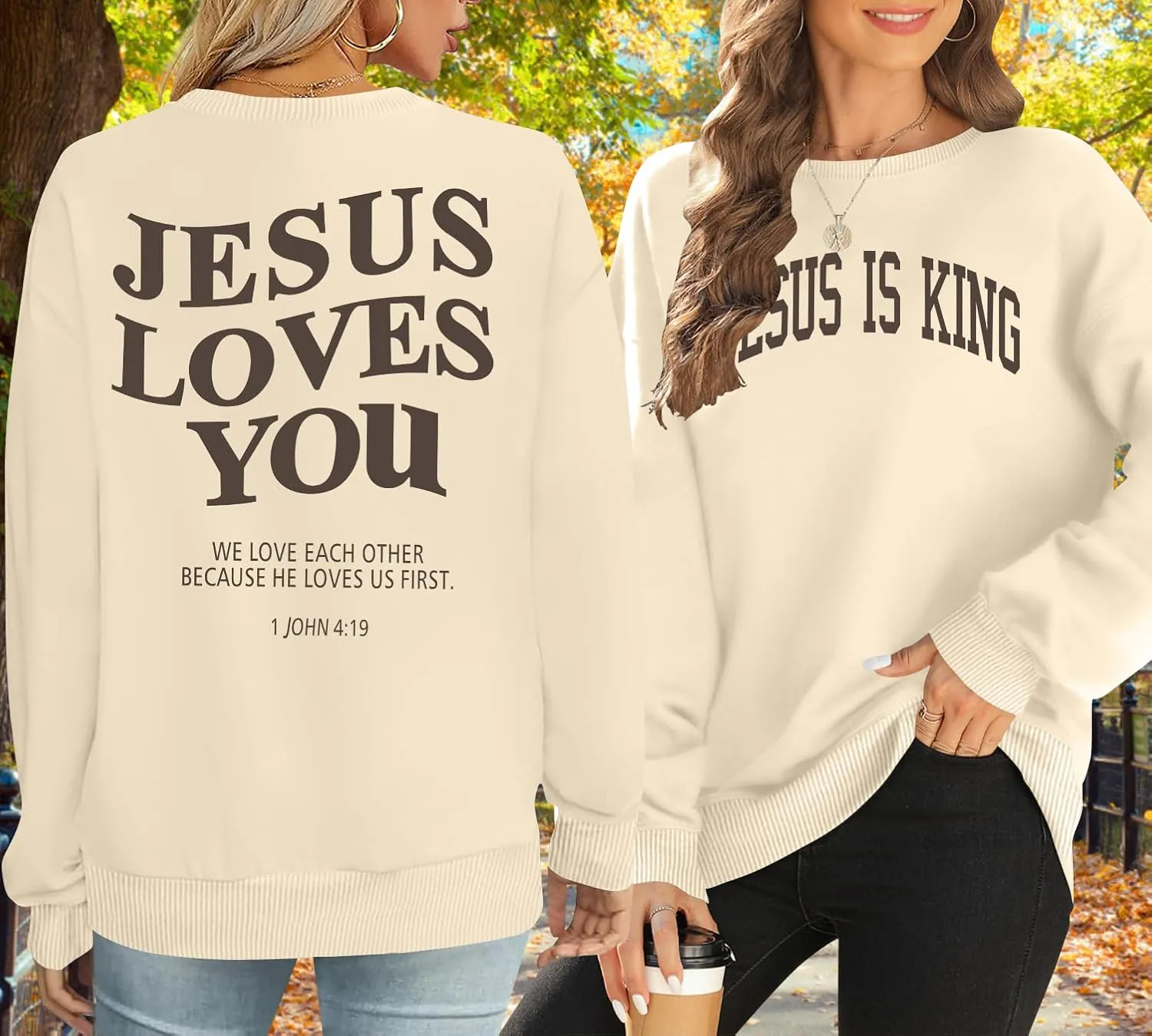 Christian Sweatshirts for Women - Jesus is King & Jesus Loves You Letter Sweatshirt & Sweater