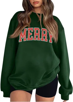 Christmas Sweatshirts for Women Xmas Oversized Crewneck Sweatshirt Cute Green Graphic Long Sleeve Hoodies Fleece Pullover