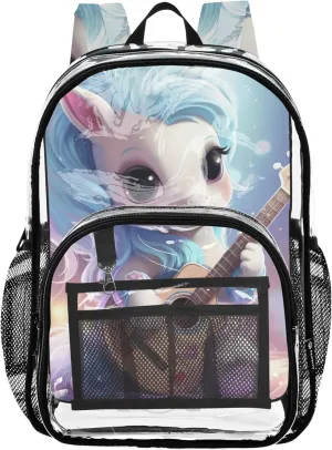 Clear Backpack Women Cute Cute Cartoon Unicorn Guitarist Kids Backpack for Girls Plastic See through Bookbag