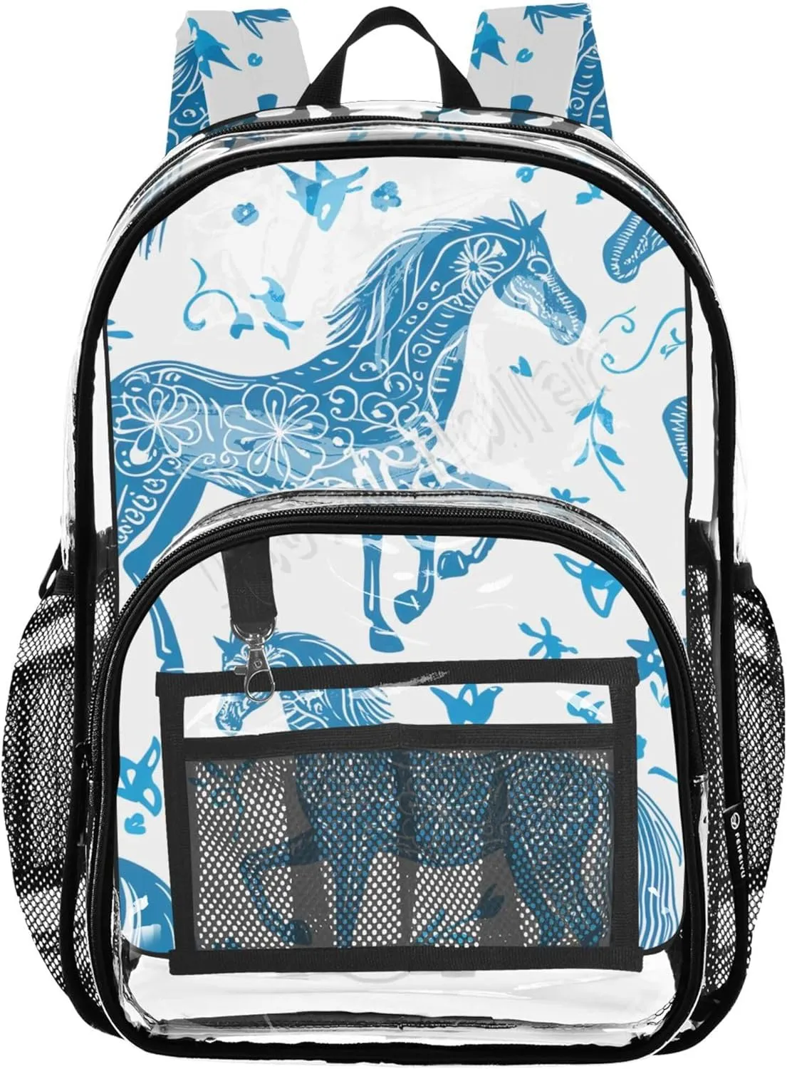 Clear Backpack Women Cute Horses Floral Blue White Kids Backpack Boys Girls Plastic See through Bookbag