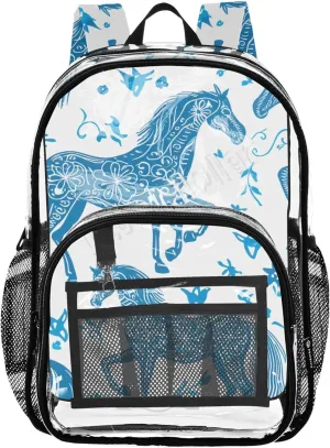 Clear Backpack Women Cute Horses Floral Blue White Kids Backpack Boys Girls Plastic See through Bookbag