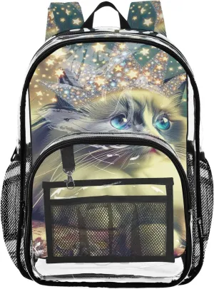 Clear Backpack Women Cute Kids Backpack for Girls See through Shoulder Bag Fancy Kitten Ragdoll Cat