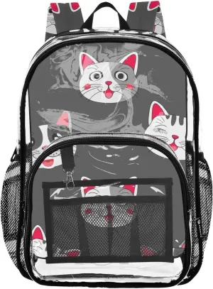Clear Bag for Women Travel Kids Backpack for Girls Large Plastic Approved Bag Cartoon Cats Grey Black