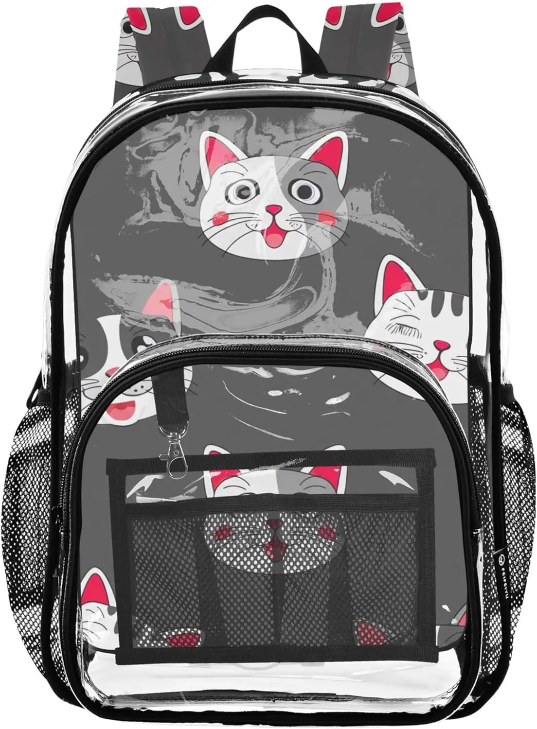 Clear Bag for Women Travel Kids Backpack for Girls Large Plastic Approved Bag Cartoon Cats Grey Black