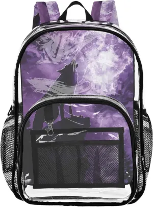 Clear Bag for Women Travel Kids Backpack for Girls Plastic School Clear Bookbag Wolf Howling Moon Violet