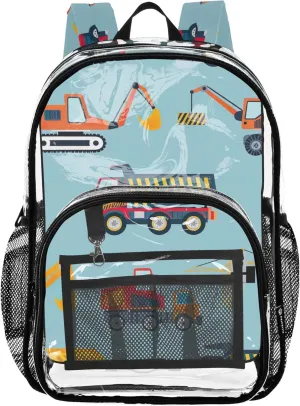 Colorful Construction Trucks Blue Clear Bag for Women Travel Boys Backpacks for Girls Plastic Transparent Bookbag