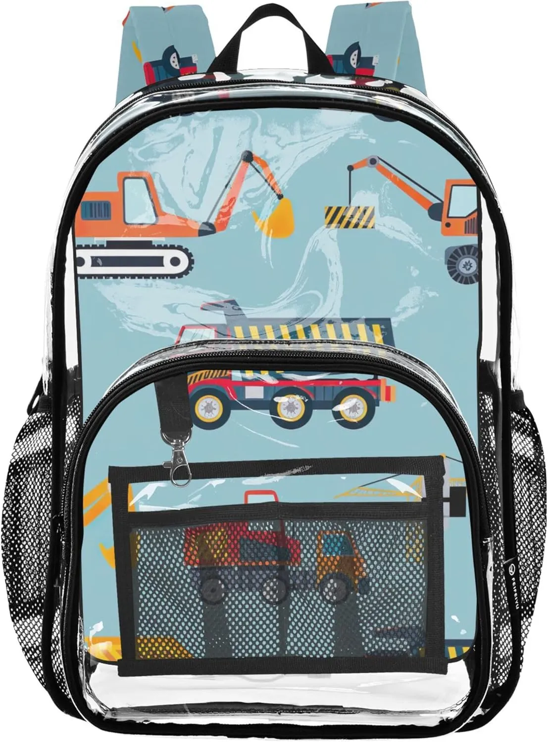 Colorful Construction Trucks Blue Clear Bag for Women Travel Boys Backpacks for Girls Plastic Transparent Bookbag