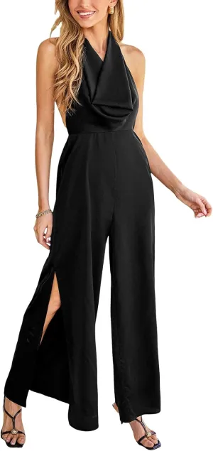 CUPSHE Backless One Piece Jumpsuits for Women Sleeveless Halter Neck Wide Leg Tied Rompers Beach Overalls Vacation Outfits