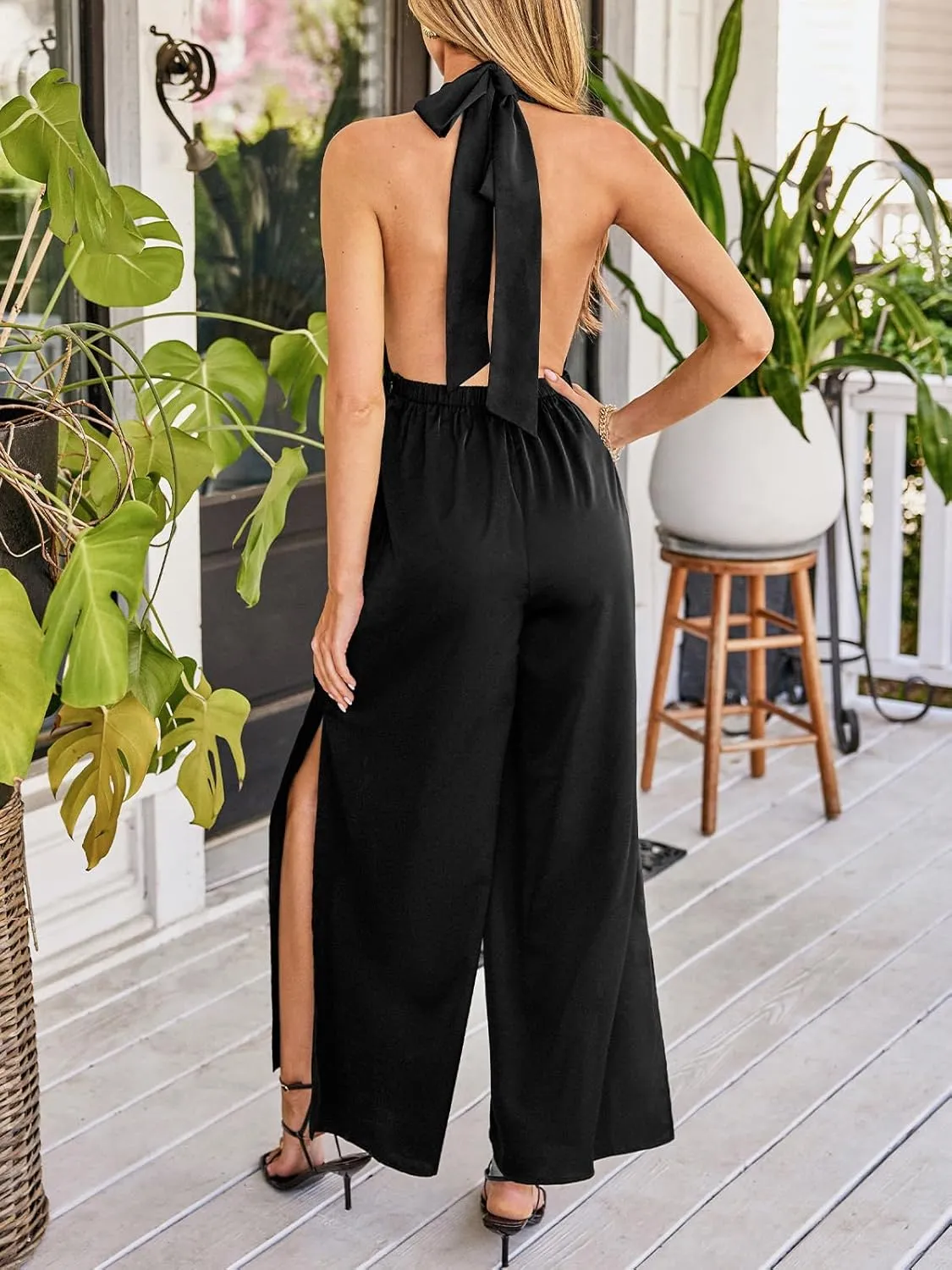 CUPSHE Backless One Piece Jumpsuits for Women Sleeveless Halter Neck Wide Leg Tied Rompers Beach Overalls Vacation Outfits