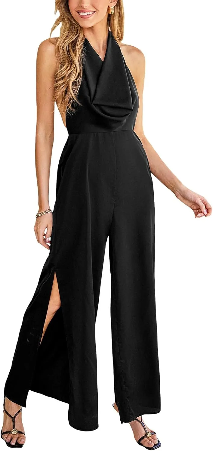 CUPSHE Backless One Piece Jumpsuits for Women Sleeveless Halter Neck Wide Leg Tied Rompers Beach Overalls Vacation Outfits