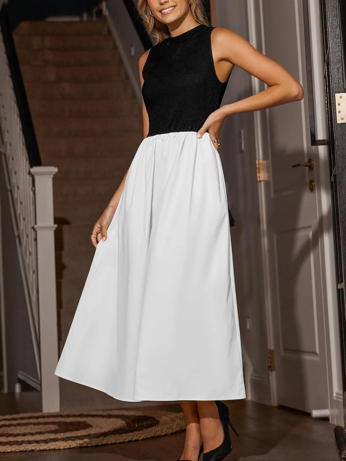 CUPSHE Casual Dress for Women 2025 Round Neck Sleeveless Tank Block Skirt Pockets Maxi Formal Dress