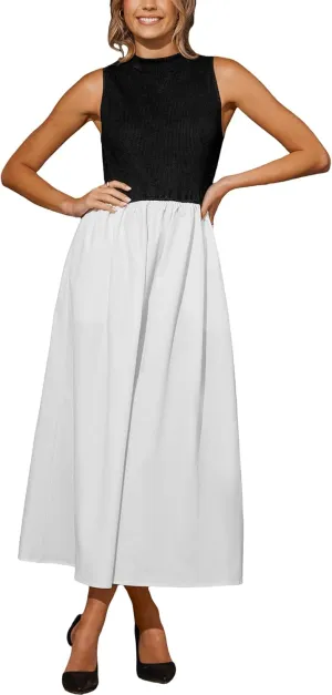 CUPSHE Casual Dress for Women 2025 Round Neck Sleeveless Tank Block Skirt Pockets Maxi Formal Dress