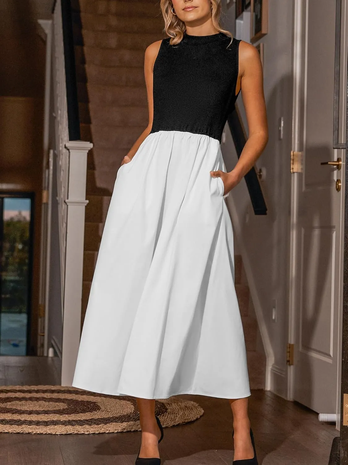 CUPSHE Casual Dress for Women 2025 Round Neck Sleeveless Tank Block Skirt Pockets Maxi Formal Dress